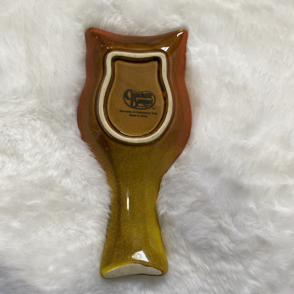Cracker Barrel Owl Glazed Stoneware Spoon Rest Brown Yellow Retro 70s Style - Picture 2 of 3